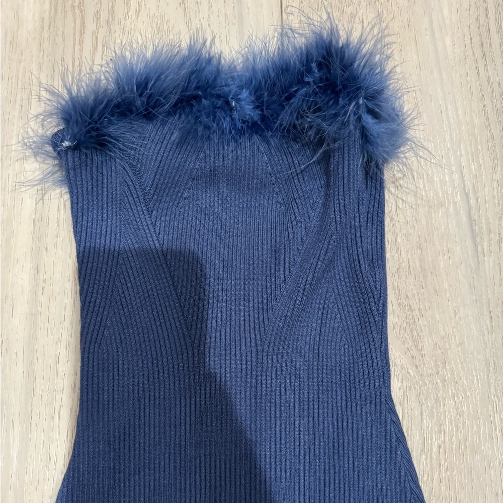 Blue Ribbed Strapless Dress with Feather Trim